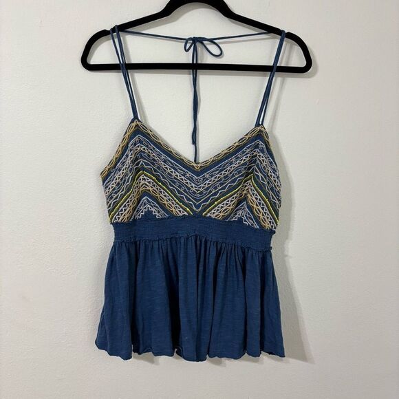 Free People XL Blue Babydoll Cami Top Cotton Linen Blend Embroidered Boho Hippie - Picture 1 of 14